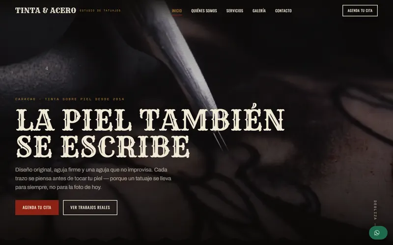 Web modelo de un estudio de tatuajes con galería de trabajos y cita por WhatsApp