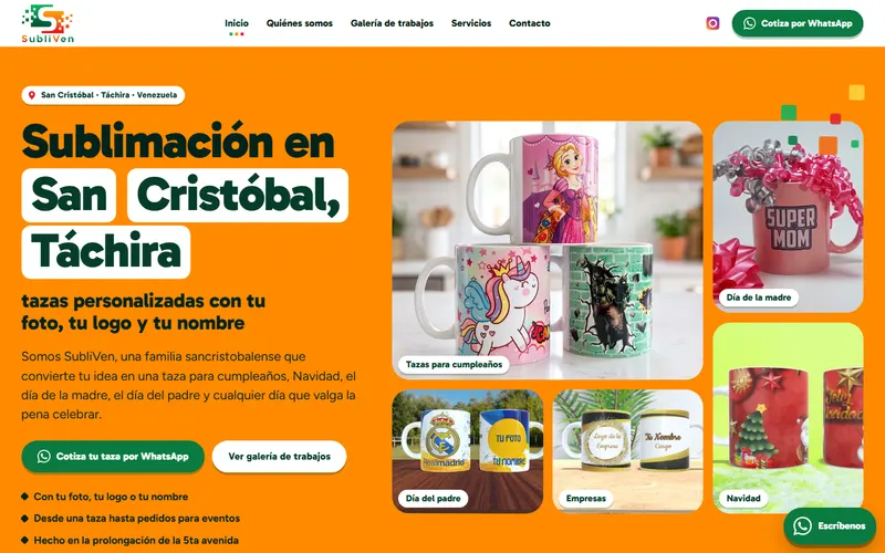 Web modelo de tazas personalizadas en San Cristóbal con galería de trabajos y pedido por WhatsApp